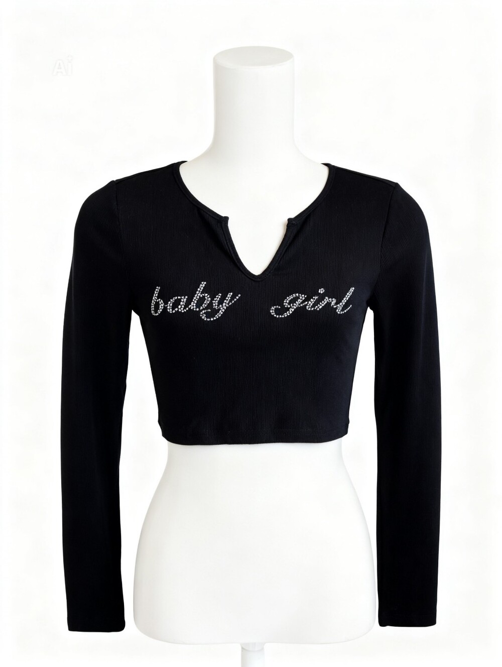 Y2K "baby girl" Black Rhinestone Script Cropped Long Sleeve Top